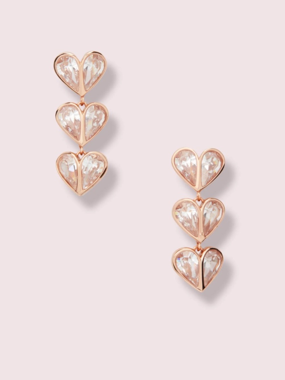 NWT Kate Spade Rose Gold Rock Solid Linear Three Hearts Drop Earrings